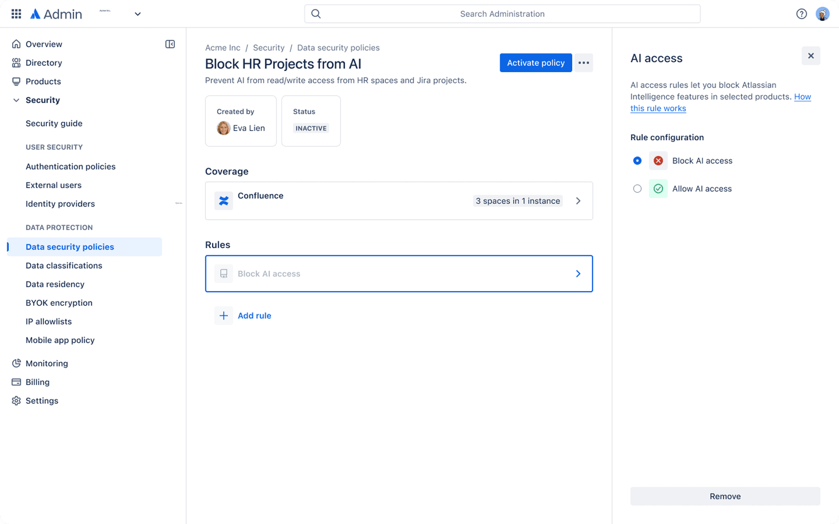 Atlassian Admin panel showing the AI Access Rule data security policy, blocking AI access for HR Projects in Confluence with a side panel for rule configuration.