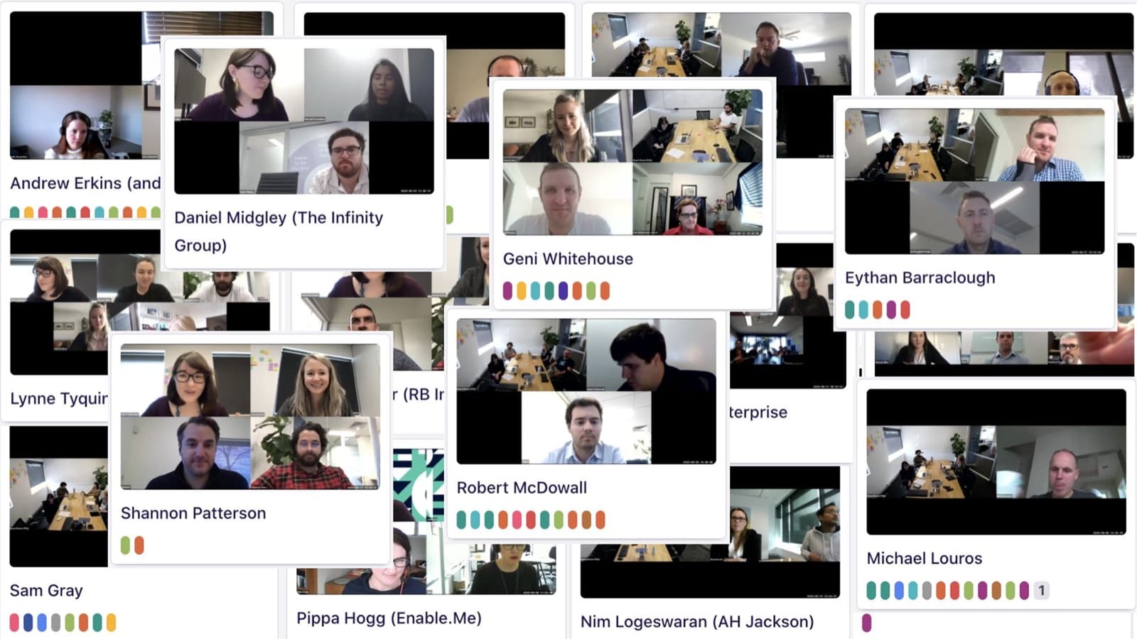 Collage of video-call screenshots from customer research interviews, with named participants from firms including The Infinity Group, Enable.Me, RB Interiors, and AH Jackson.