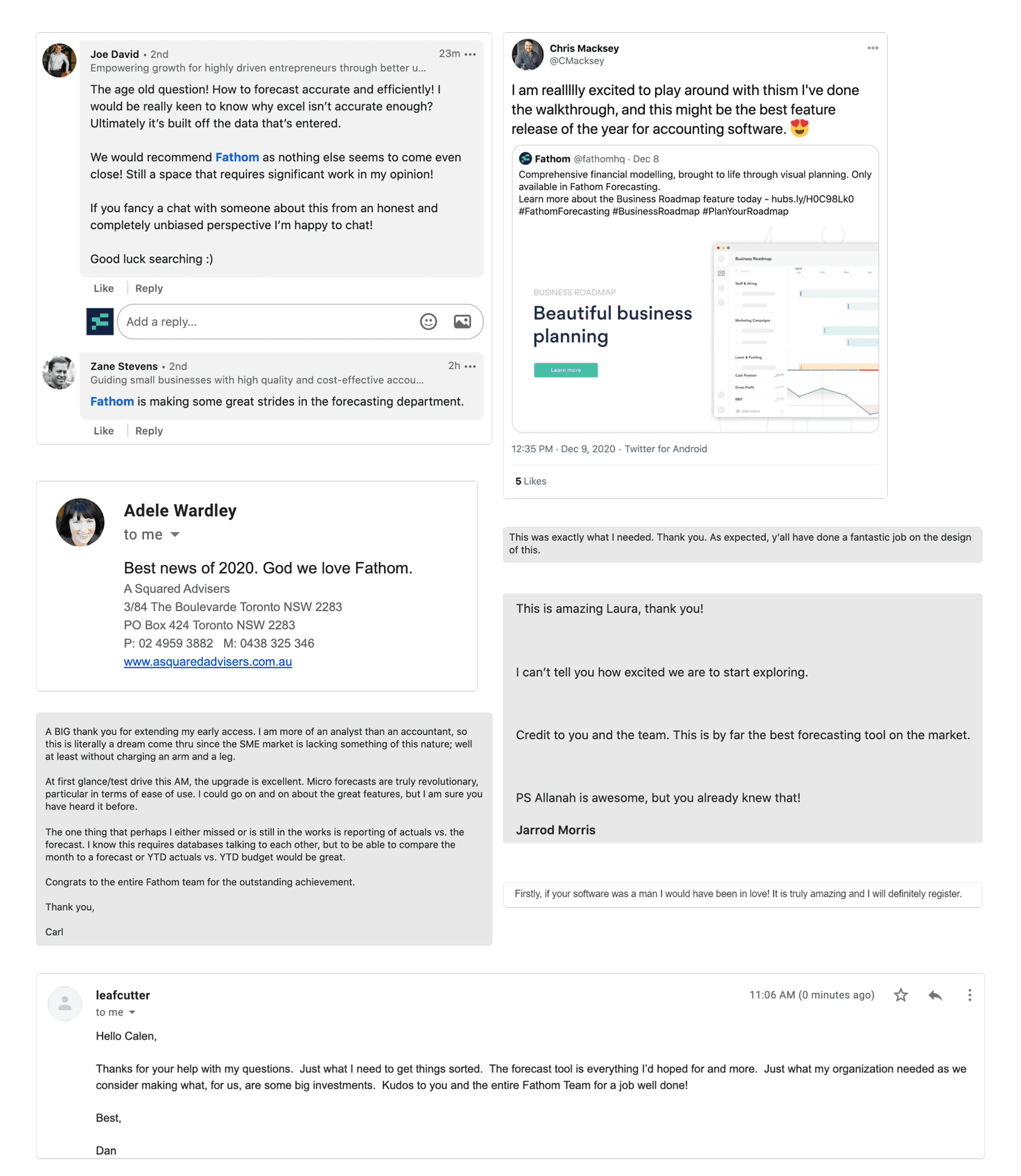 Collage of customer feedback: LinkedIn comments, email from Adele Wardley praising Fathom forecasting, and support messages expressing enthusiasm for the product.