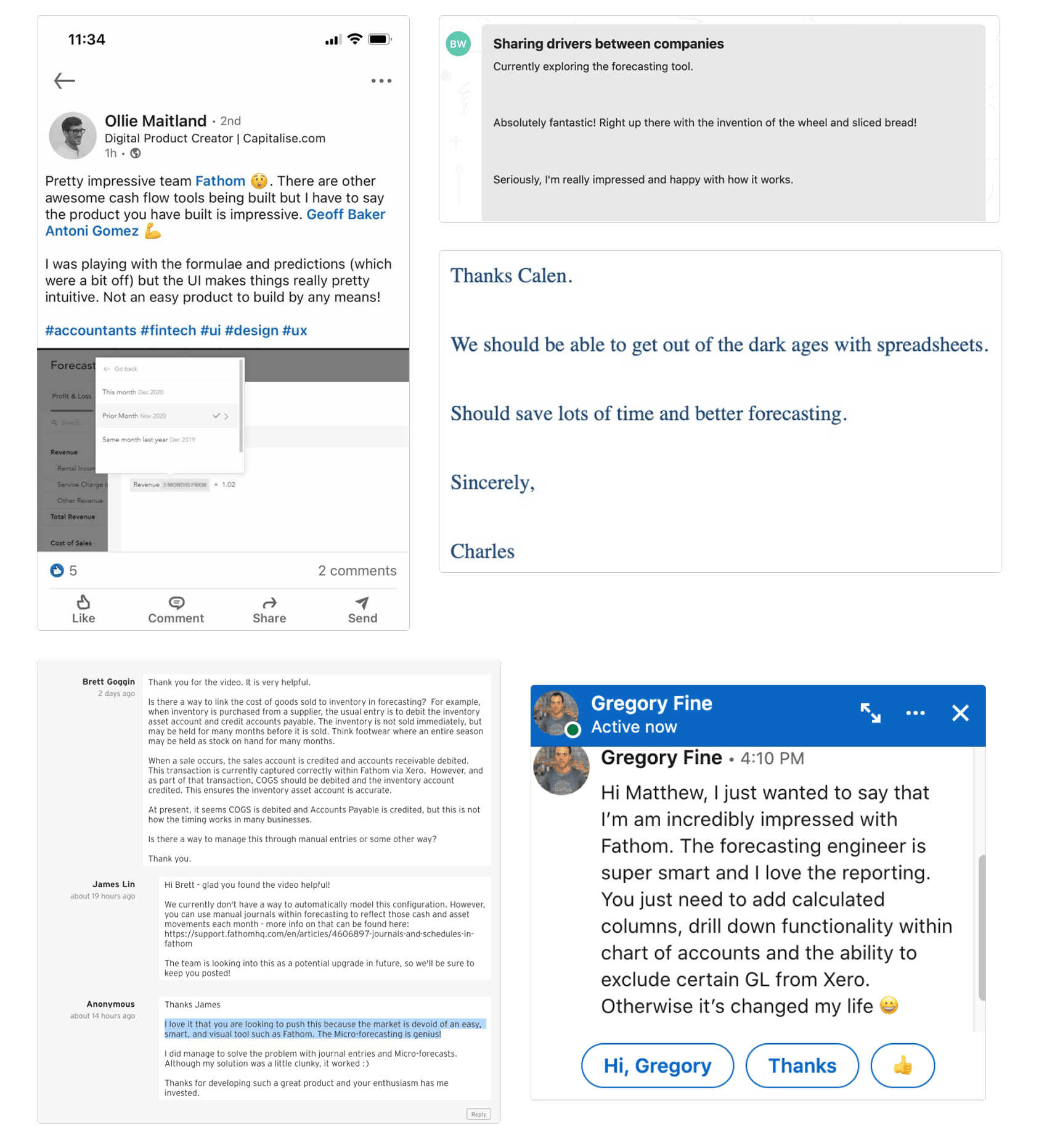 Collage of customer feedback including LinkedIn posts, Intercom chat from Gregory Fine, and email threads praising the forecasting tool.