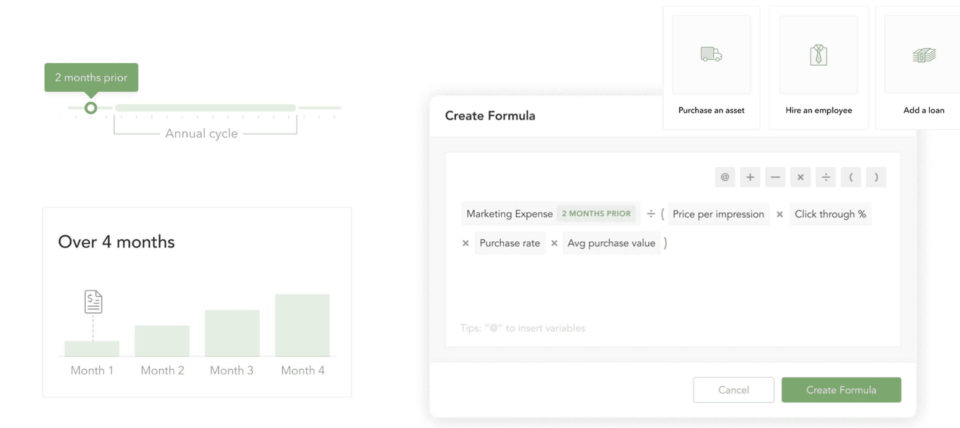 Fathom formula builder UI showing the create formula modal with variable tokens, alongside microforecast cards for hiring an employee and purchasing an asset.