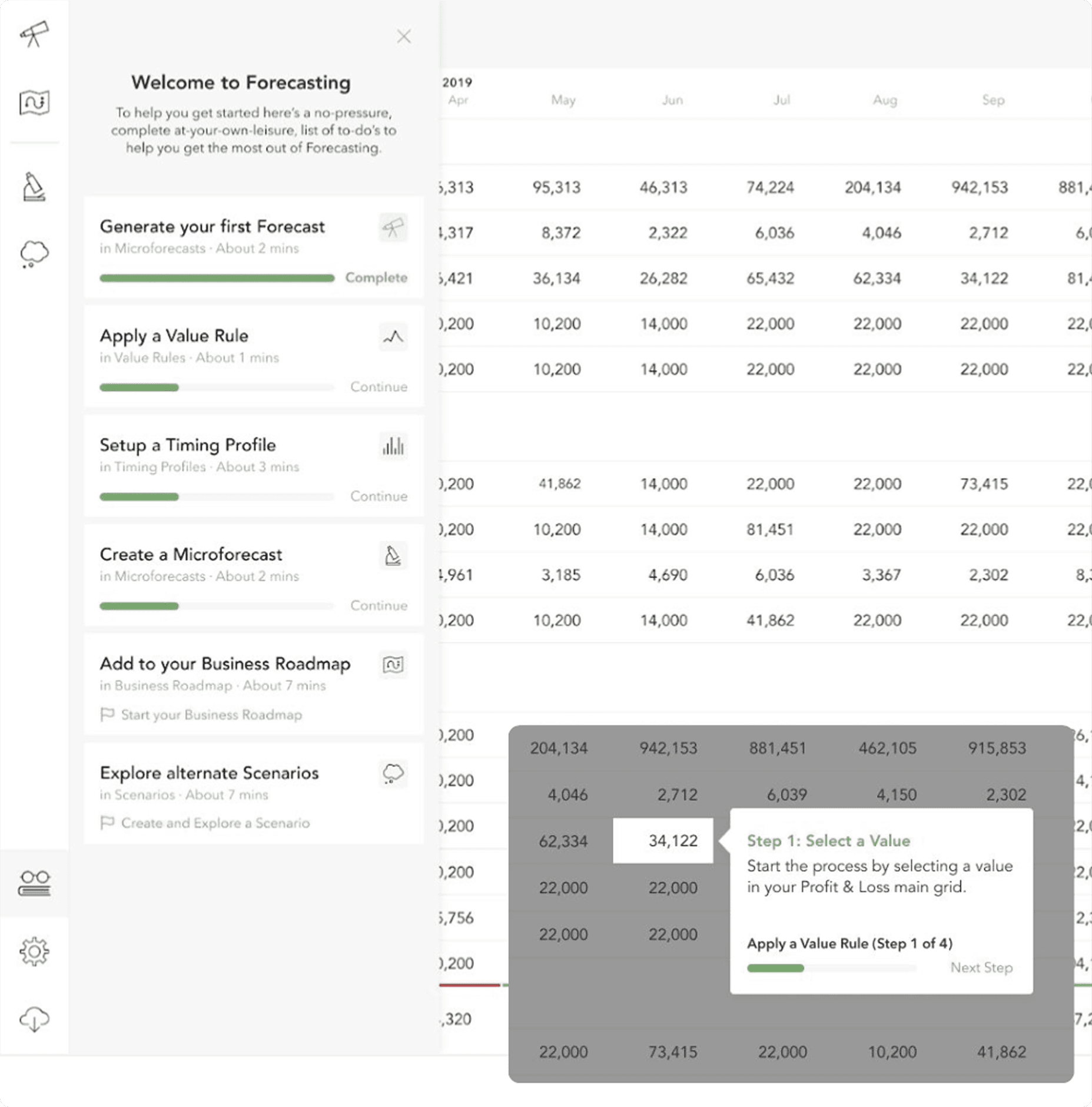 Onboarding checklist showing guided setup steps with progress indicators for generating a first forecast.