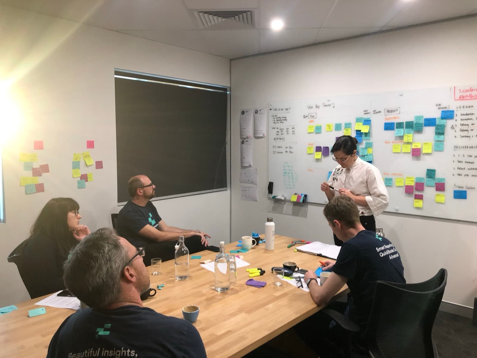 Photograph of the Fathom team in a small meeting room running the Product Vision Workshop. A whiteboard covered in sticky notes, columns labelled Product, Features, Pain Relievers, Pain Creators, and an agenda in the top right. Team members are seated around the table; one person is writing on the whiteboard.